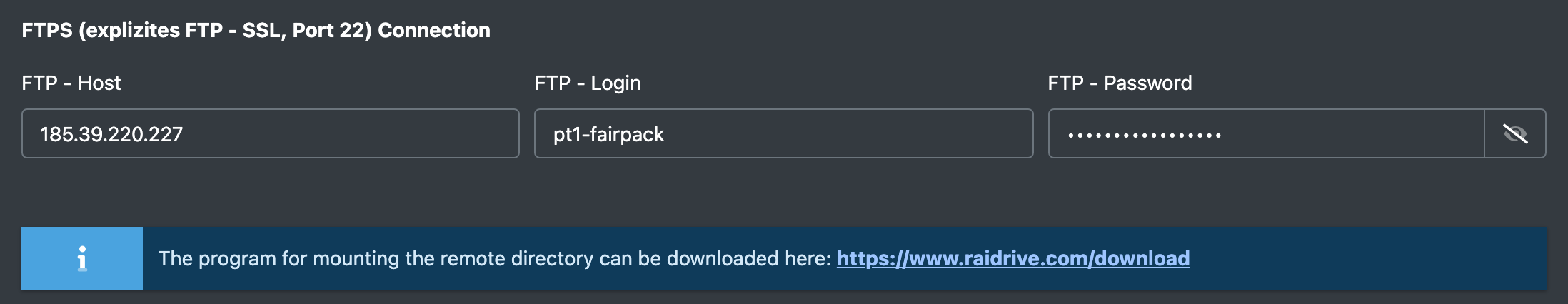 Screenshot: Connection section of the packing table form with FTP host, FTP login, FTP password and the download hint
