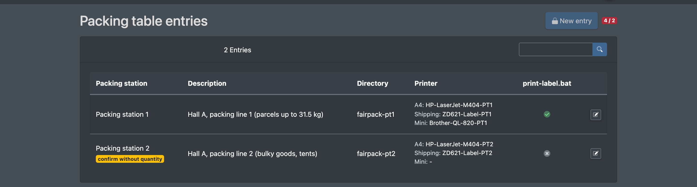 Screenshot: Packing table entries list with columns packing station, directory, printers, description and the dispatch file status