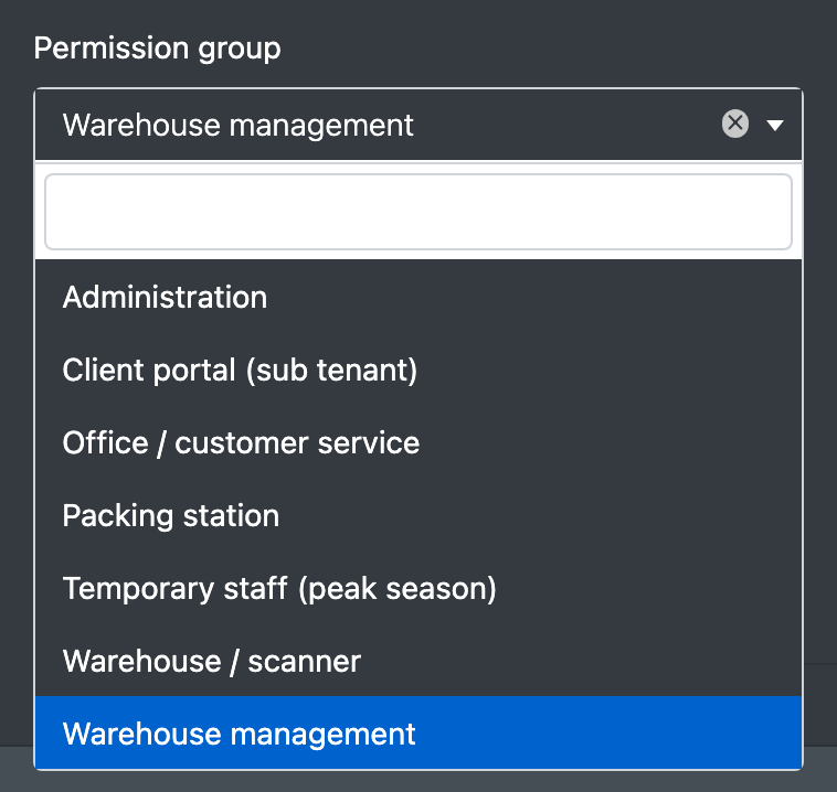 Screenshot: Employee form with the permission group dropdown opened