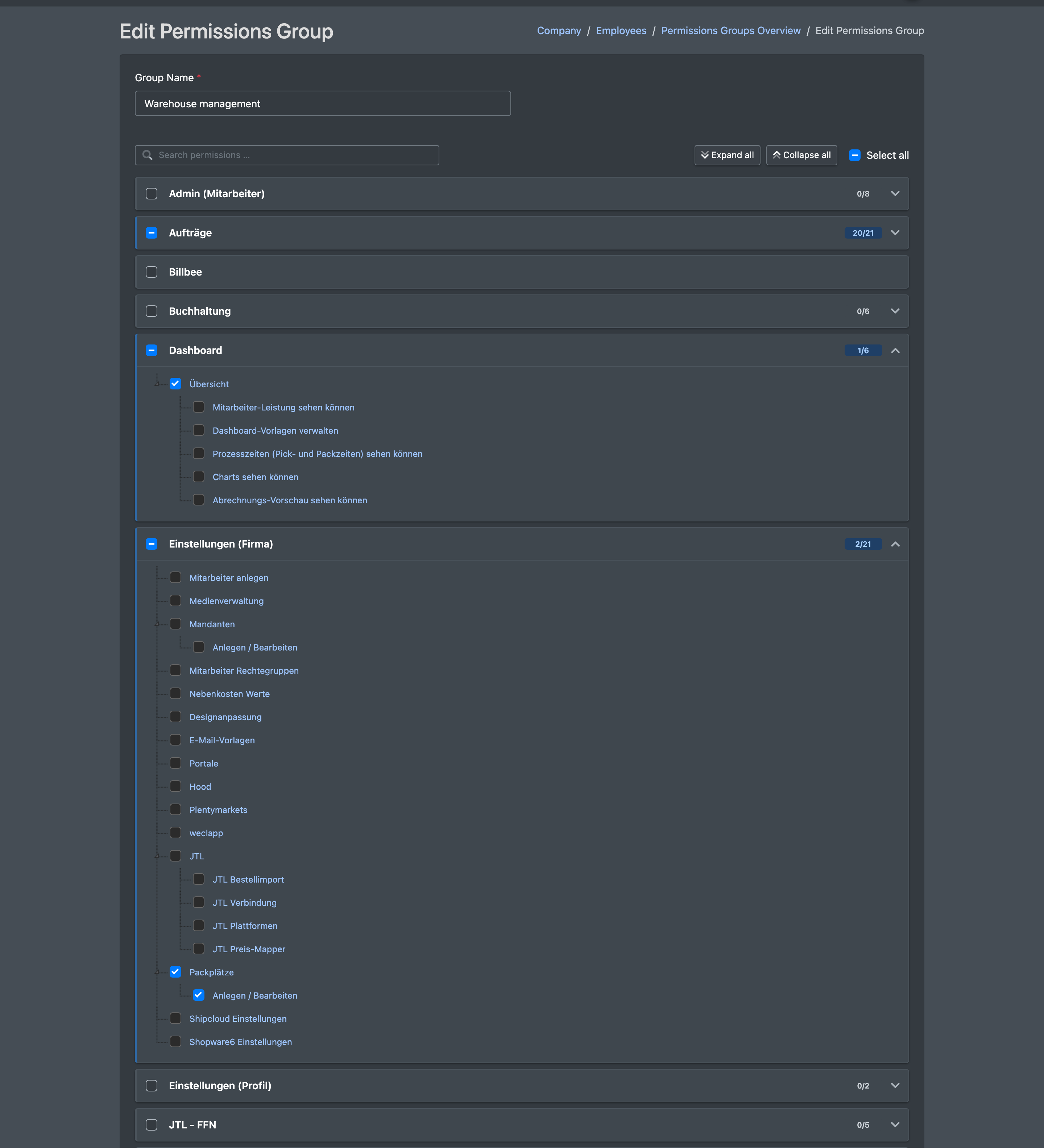 Screenshot: Edit Permissions Group page with the group name field and the permissions tree, some modules ticked