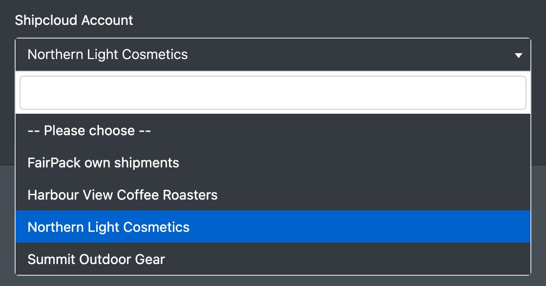 Screenshot: Client form with the Shipcloud Account dropdown opened