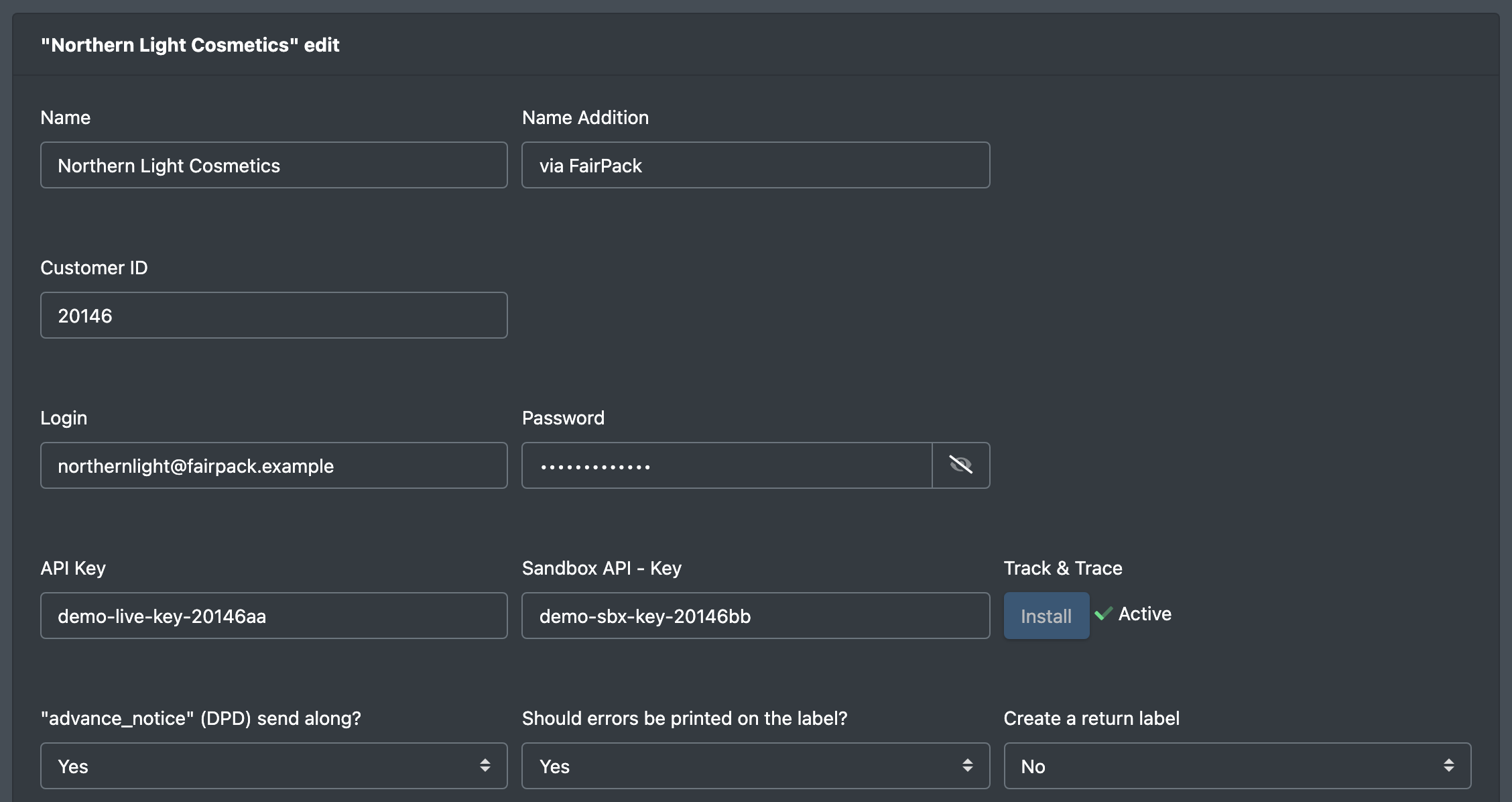 Screenshot: Upper part of the Shipcloud entry form with name, customer ID, login, API key, sandbox API key and the three Yes/No options