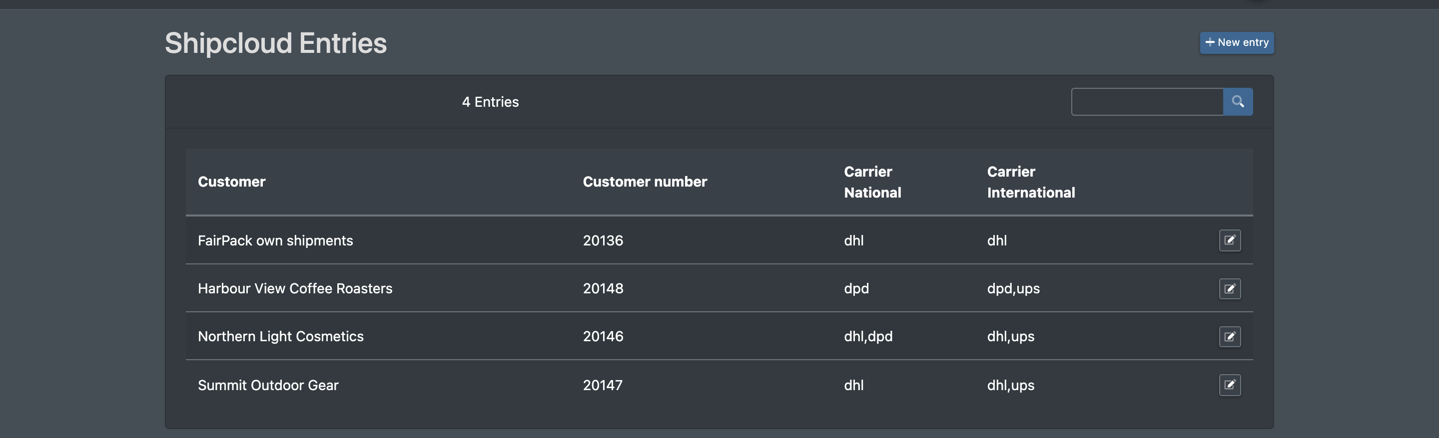 Screenshot: Shipcloud entries list with columns customer, customer number, carrier national and carrier international