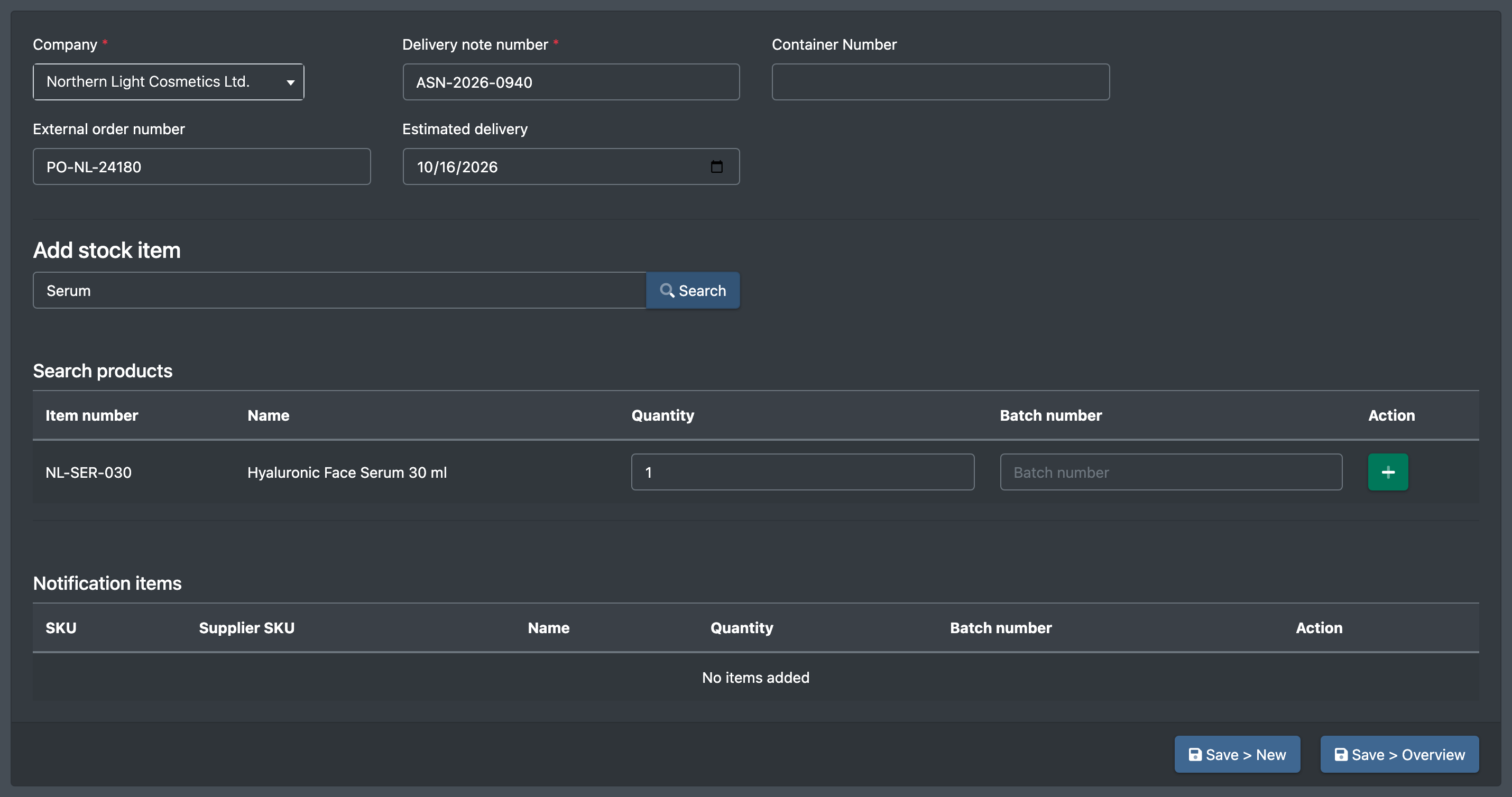 Screenshot: New notification form with the header fields filled in and the article search under "Add stock item"