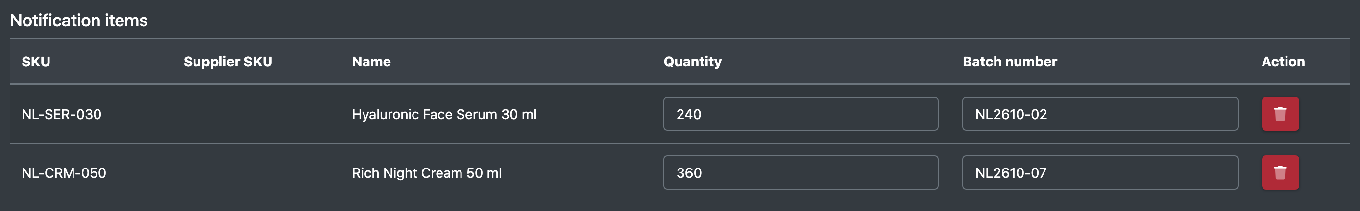 Screenshot: Notification items list with two articles, quantity and batch number