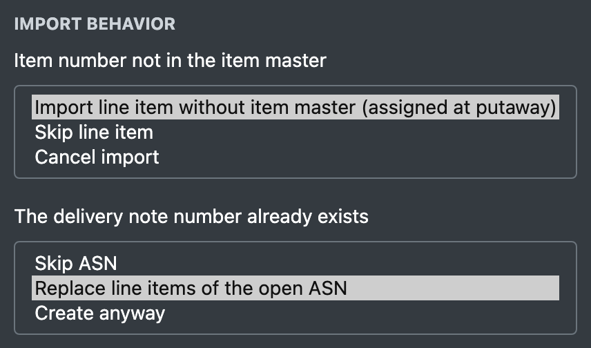 Screenshot: Import Behavior section with both drop-downs opened