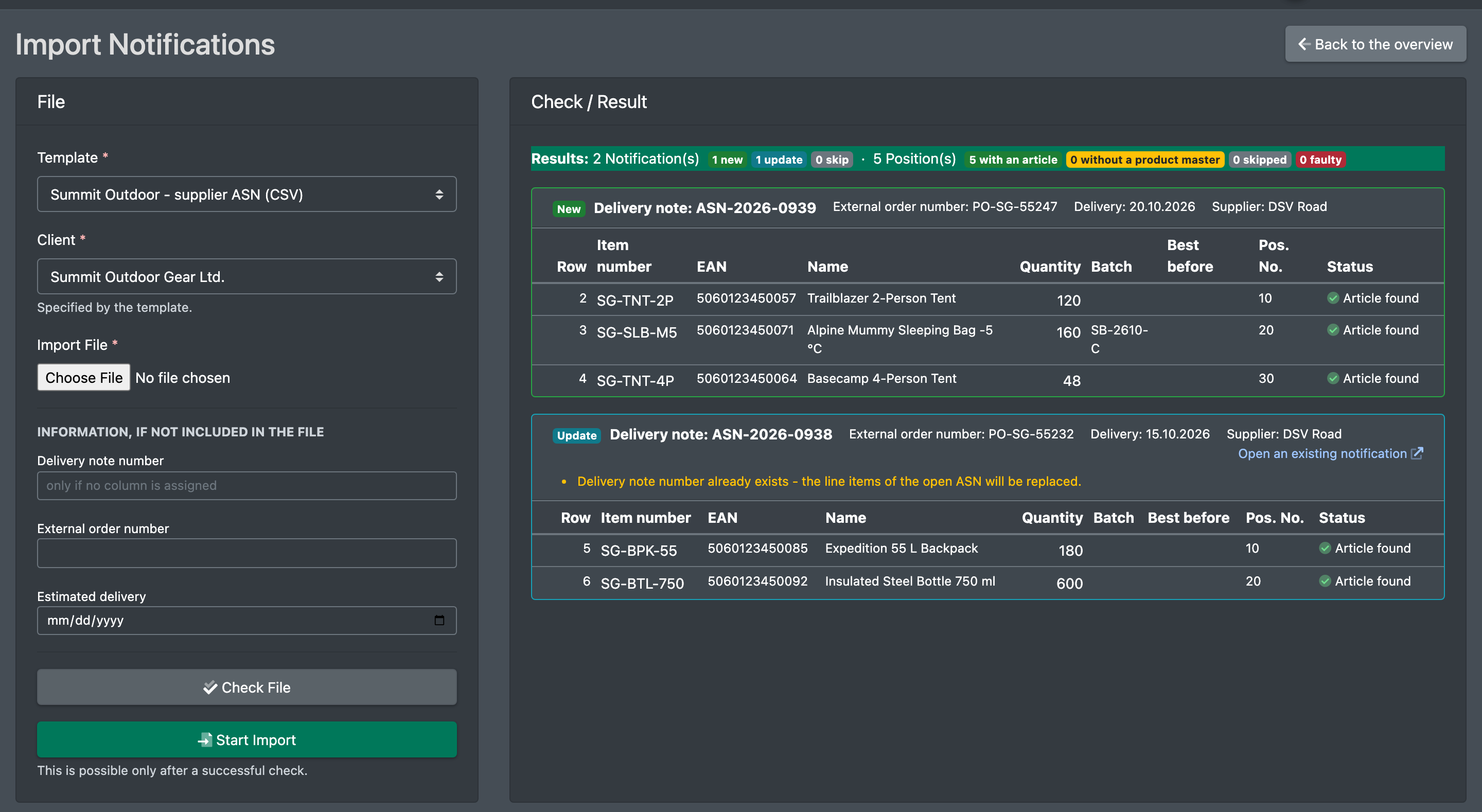 Screenshot: Import page after "Check File" with the preview of notices and items to be created