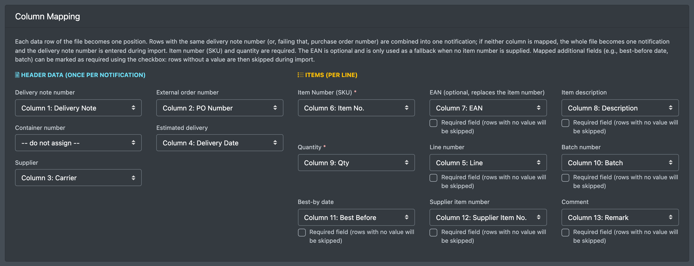 Screenshot: Column Mapping with header data and item fields assigned to columns of the sample file