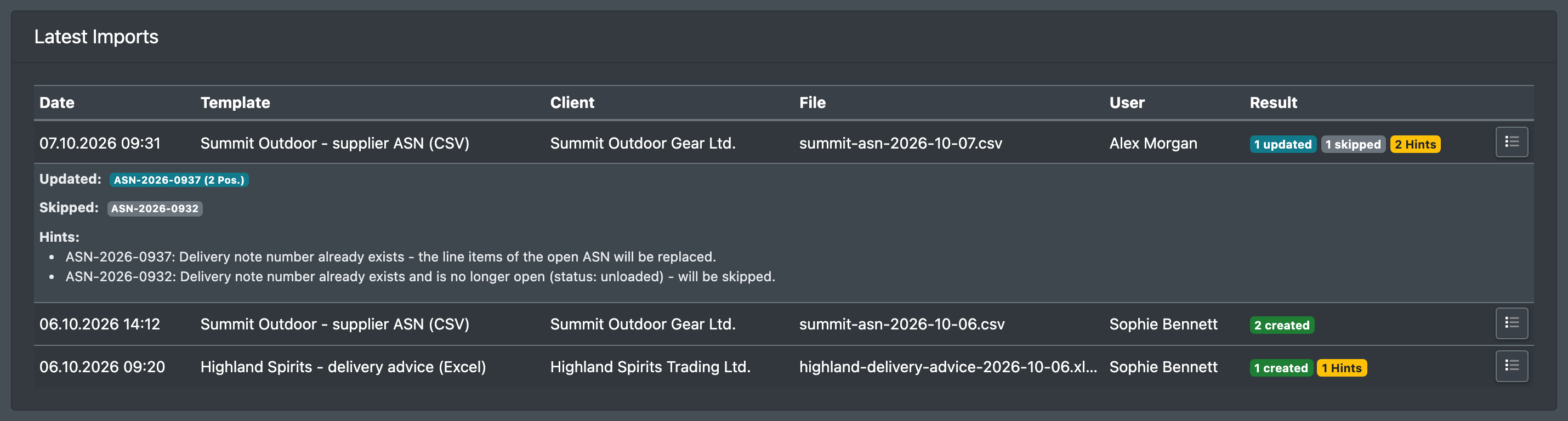 Screenshot: Latest Imports table with created, updated and skipped counts and the details opened