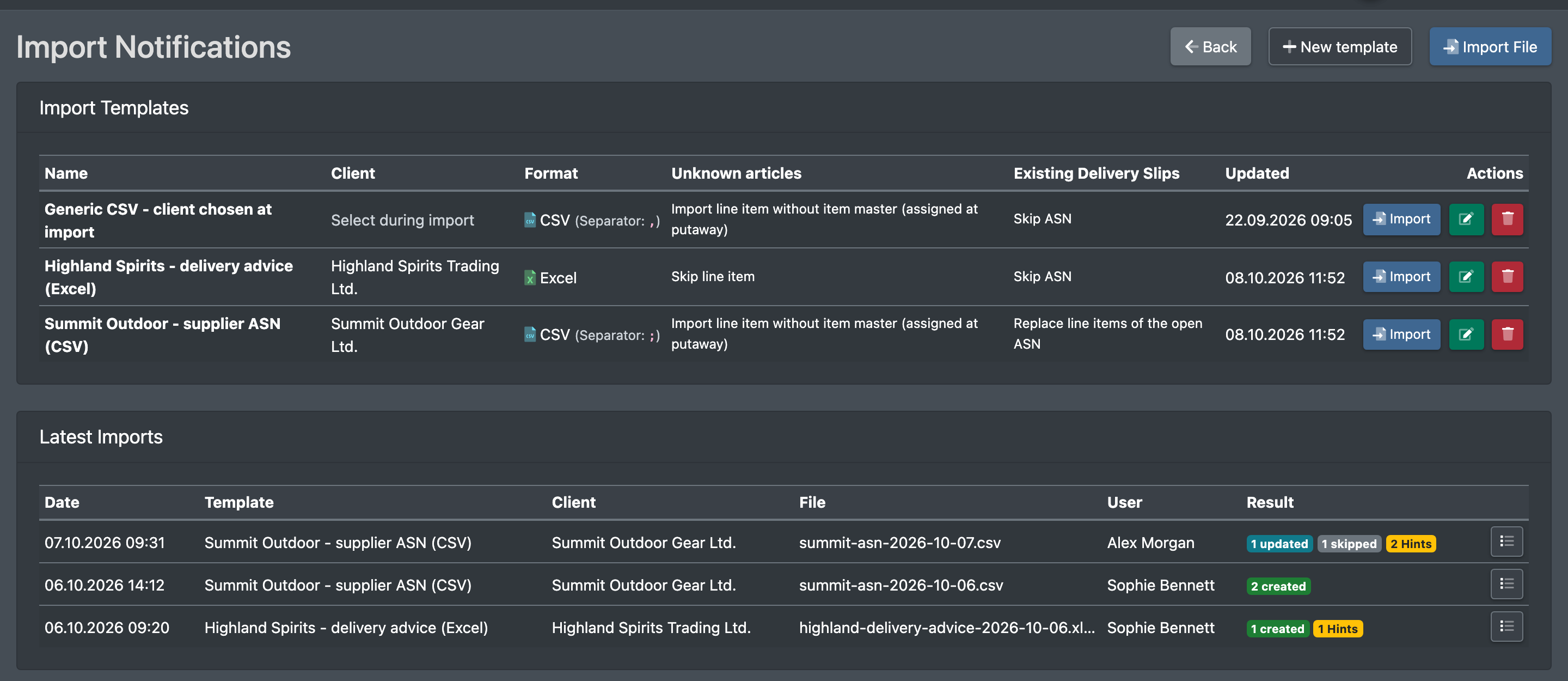 Screenshot: Import Notifications page with the list of import templates and the "Latest Imports" table