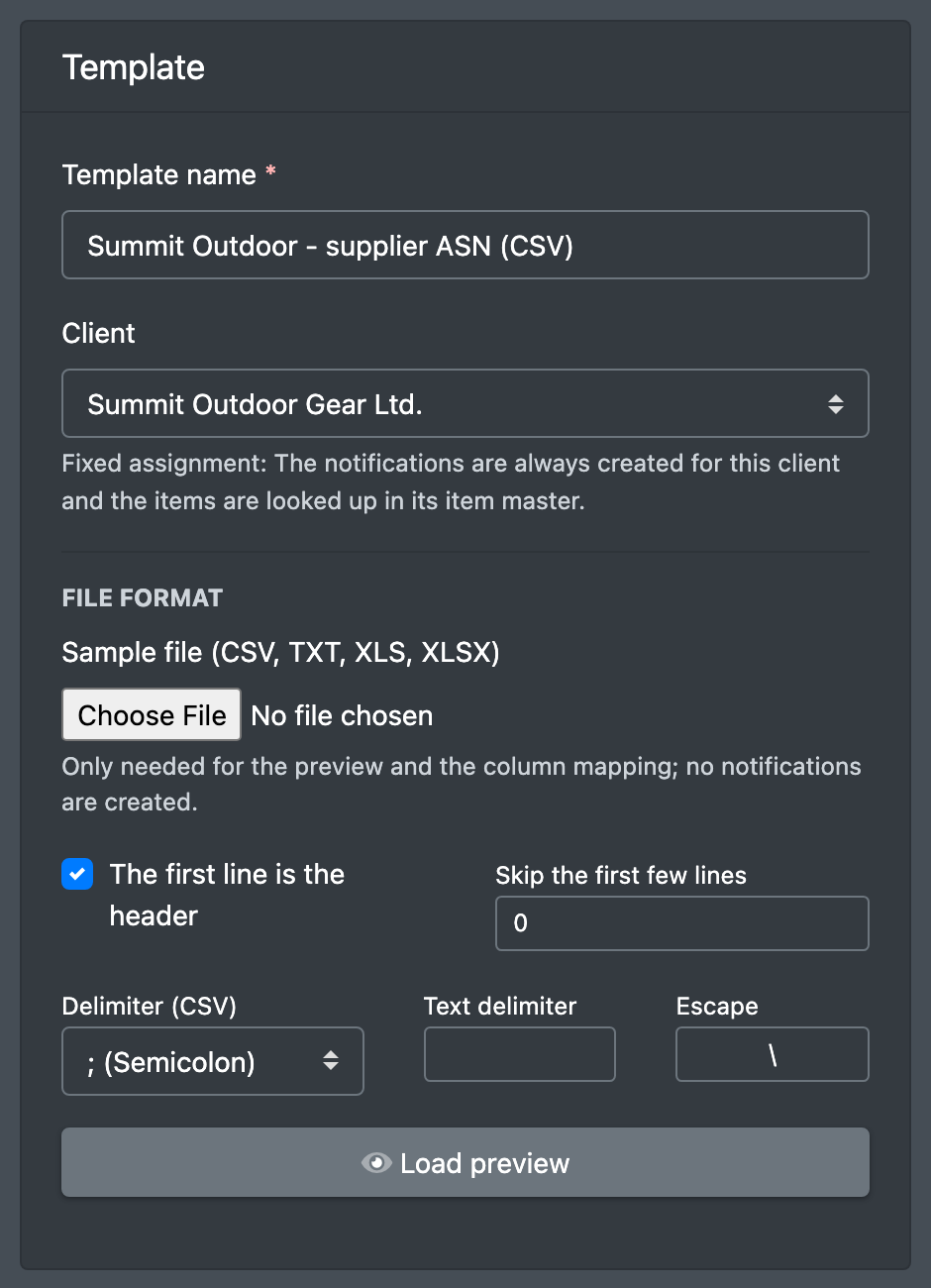 Screenshot: Create an Import Template form with template name, client, file format and CSV settings