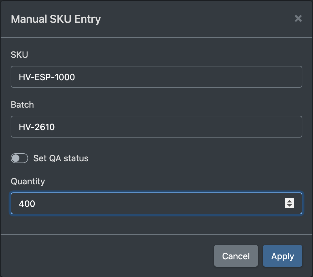 Screenshot: Manual SKU Entry dialog with SKU, owner, batch, best-before date and quantity