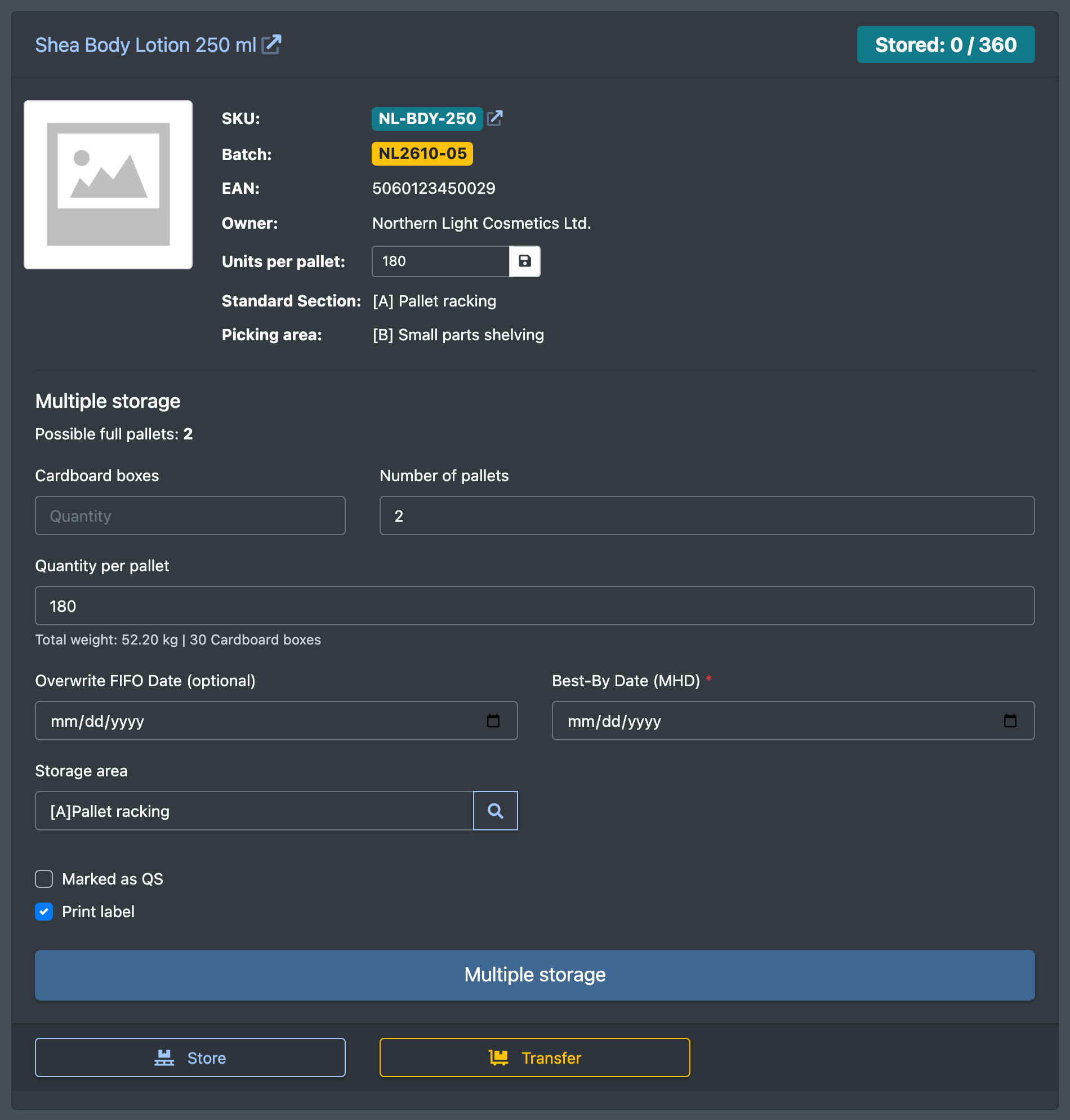 Screenshot: Multiple storage mask with number of pallets and quantity per pallet