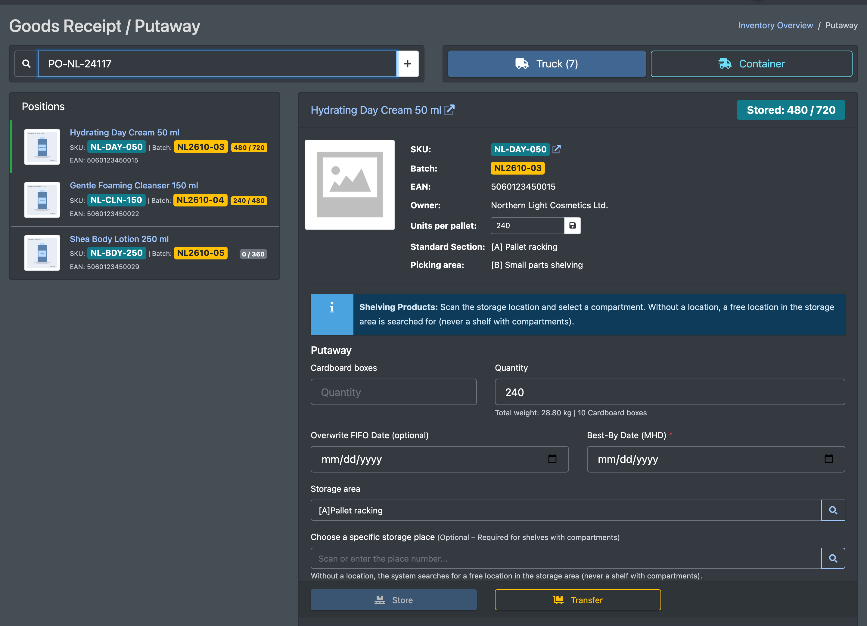 Screenshot: Goods Receipt / Putaway page with the scan field, the LKW/Container buttons and the list of items of a loaded advance notice