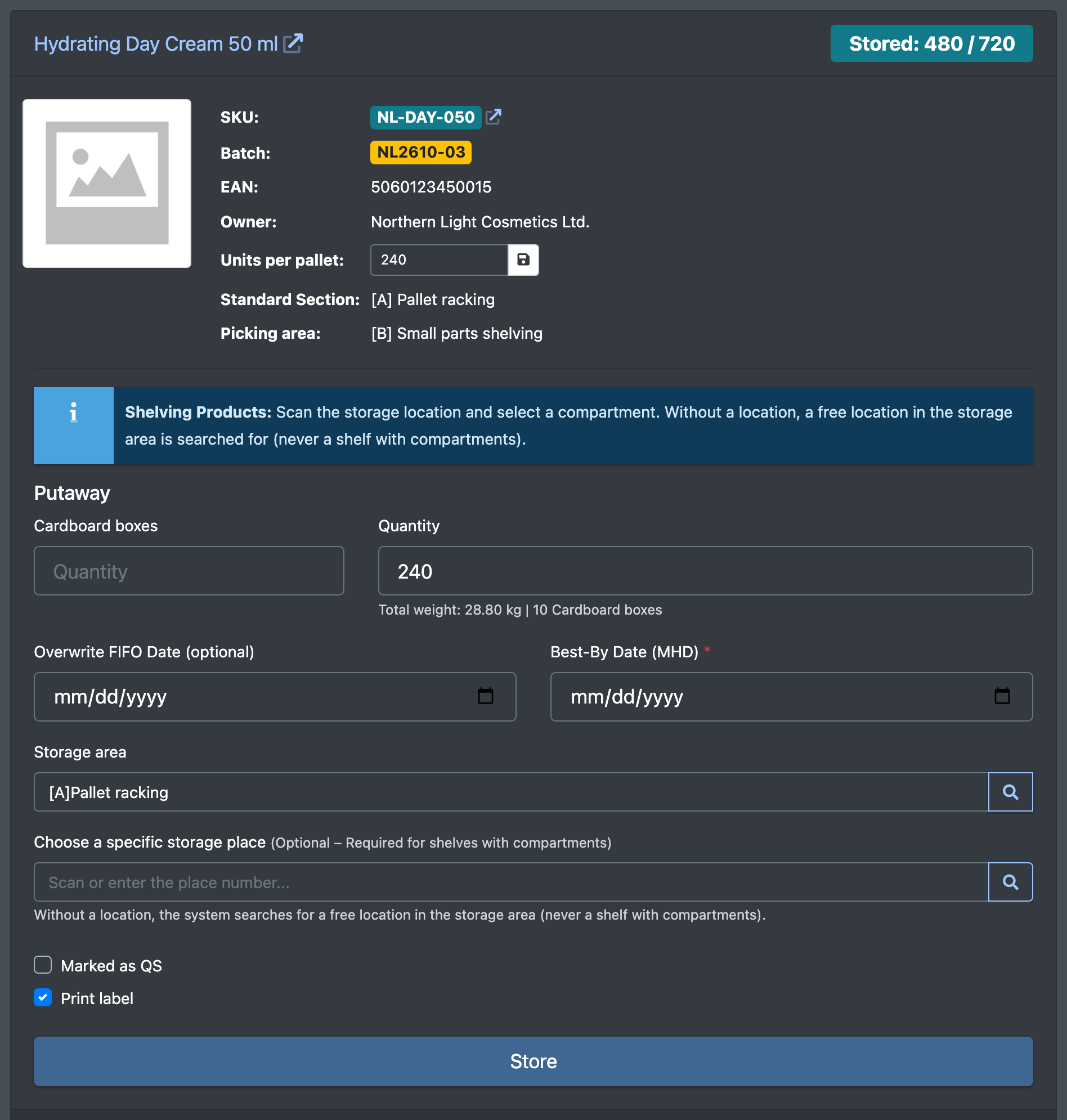 Screenshot: Product Details panel with storage area, quantity, best-before date, "Marked as QS" and "Print label" switches