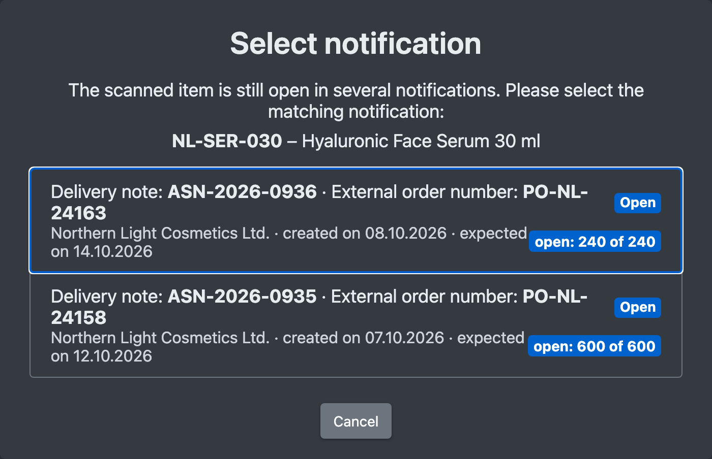 Screenshot: Dialog for selecting one of several open advance notices after scanning an article EAN
