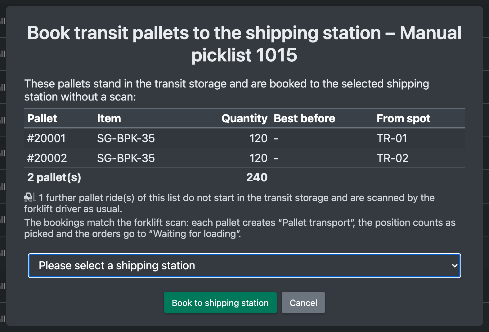 Screenshot: Dialog "Transit-Paletten auf den Versandbahnhof buchen" with the pallet table and the shipping station selection