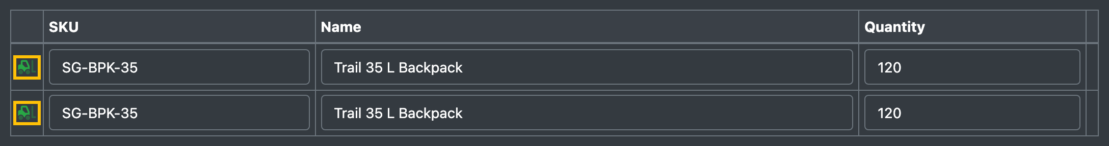 Screenshot: Order form with the green forklift icon in an item row