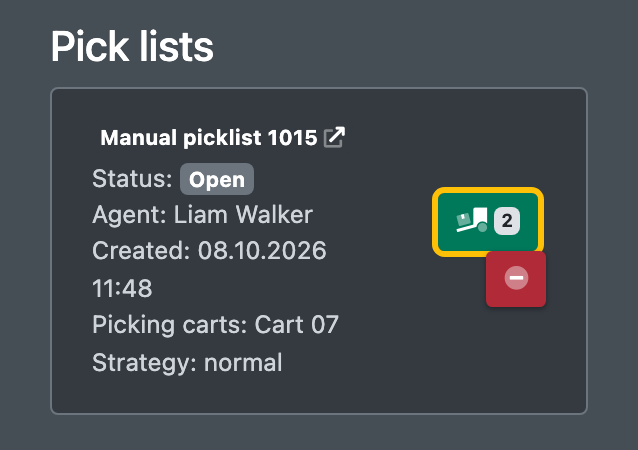 Screenshot: Order window, tab Pick lists, with the transit button on a picklist