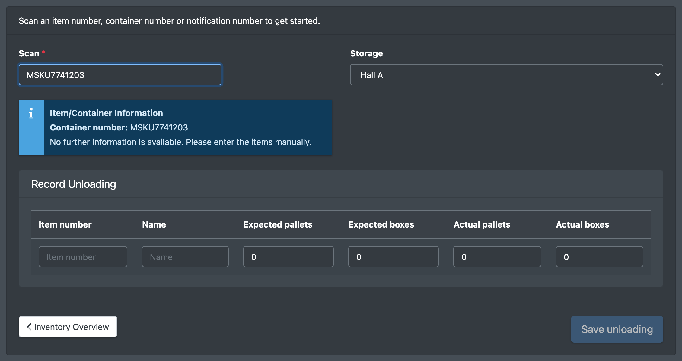 Screenshot: Record Unloading with an empty row for manual entry after scanning a container number