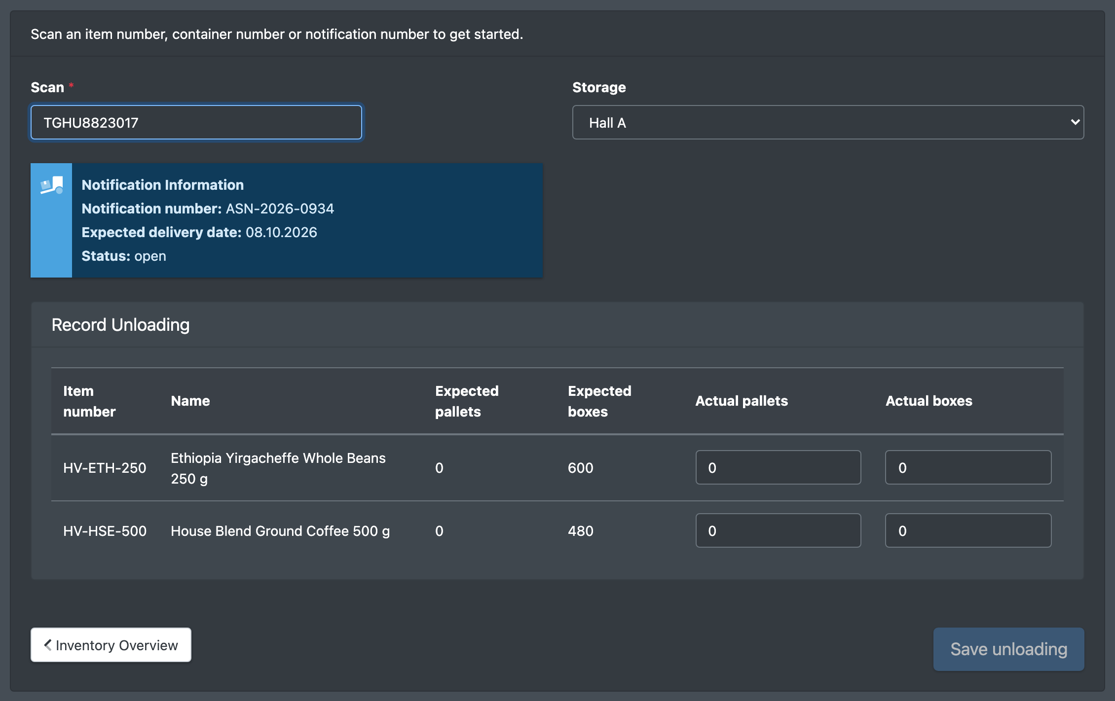 Screenshot: Notification Information box and Record Unloading table with expected and actual pallets and boxes per item