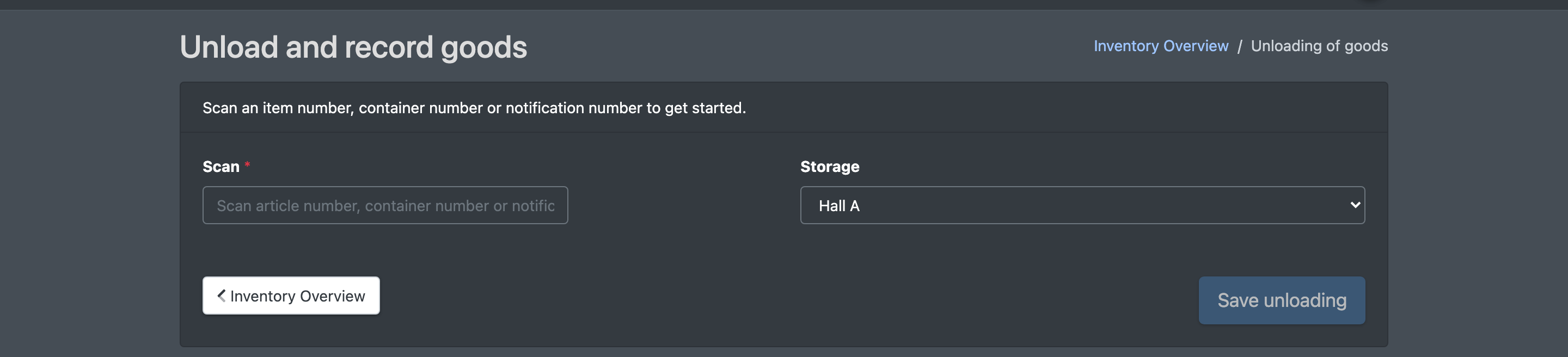 Screenshot: Unload and record goods page with the scan field and warehouse selection