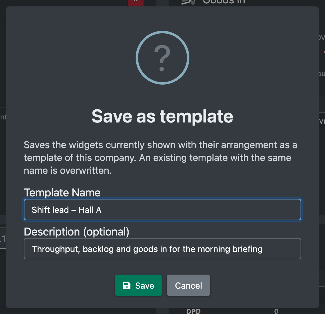 Screenshot: Dialog "Save as template" with template name and description