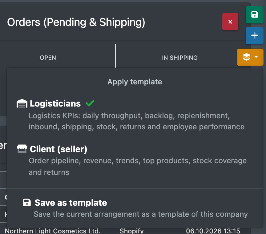 Screenshot: Template menu opened with "Apply template", the role templates, "Own templates" and "Save as template"