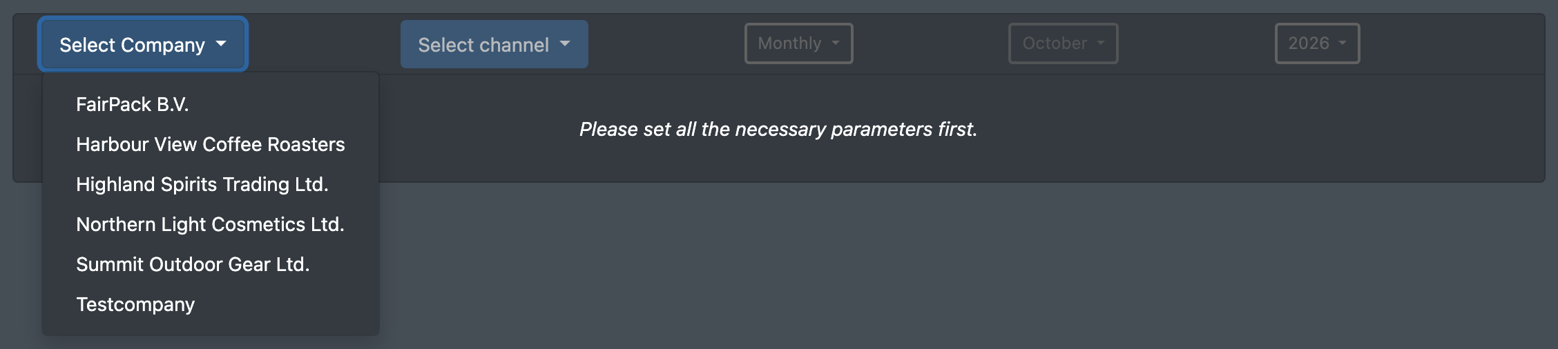 Screenshot: Opened list "Select Company" with the logistician and its clients