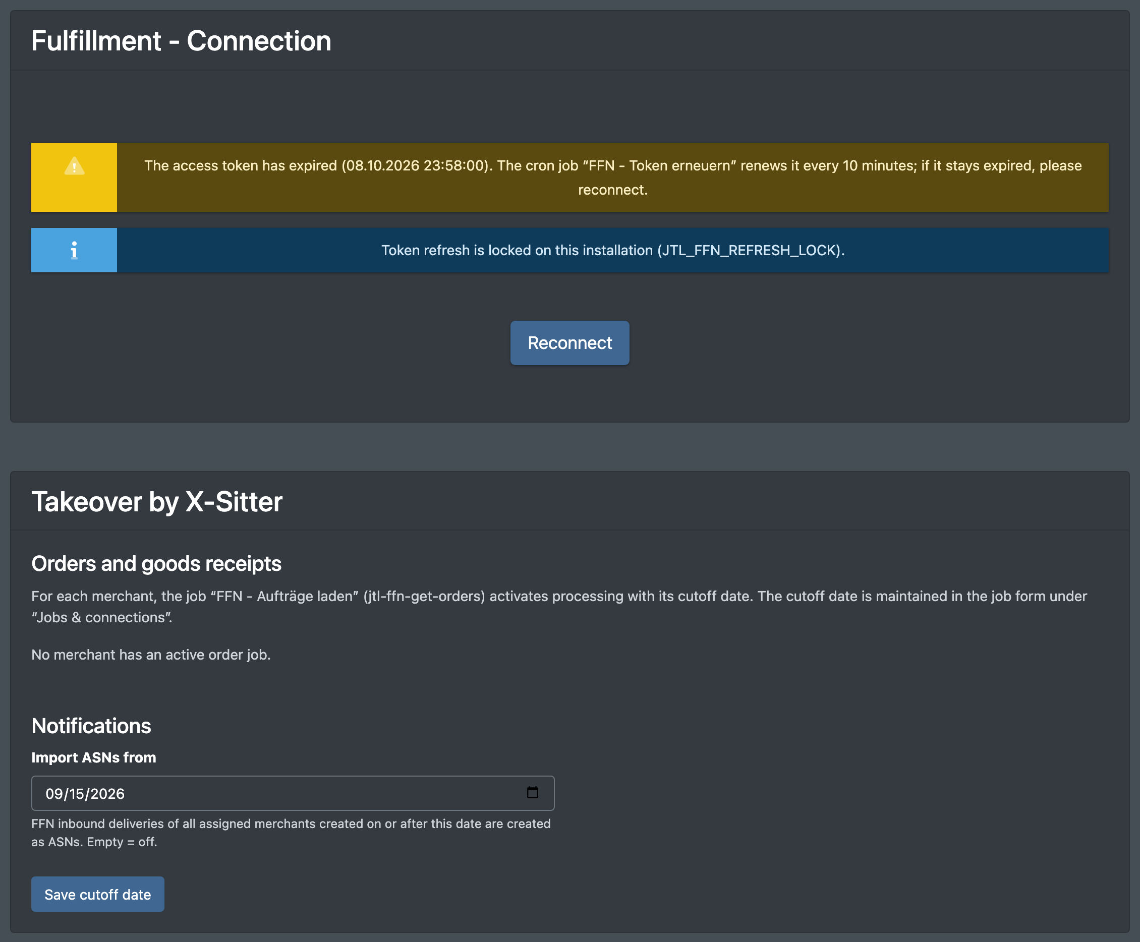 Screenshot: "Fulfillment - Connection" page before the first connection with the button "Request all permissions & connect now"