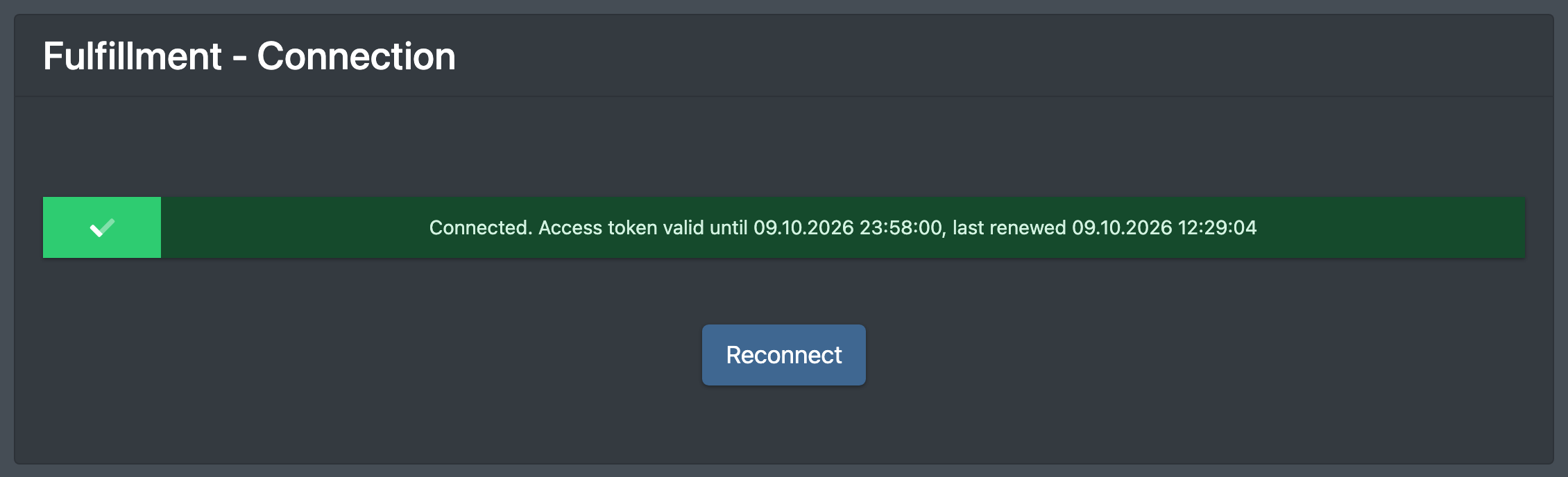 Screenshot: Page "Fulfillment - Connection" with the green "Connected" status and the "Reconnect" button