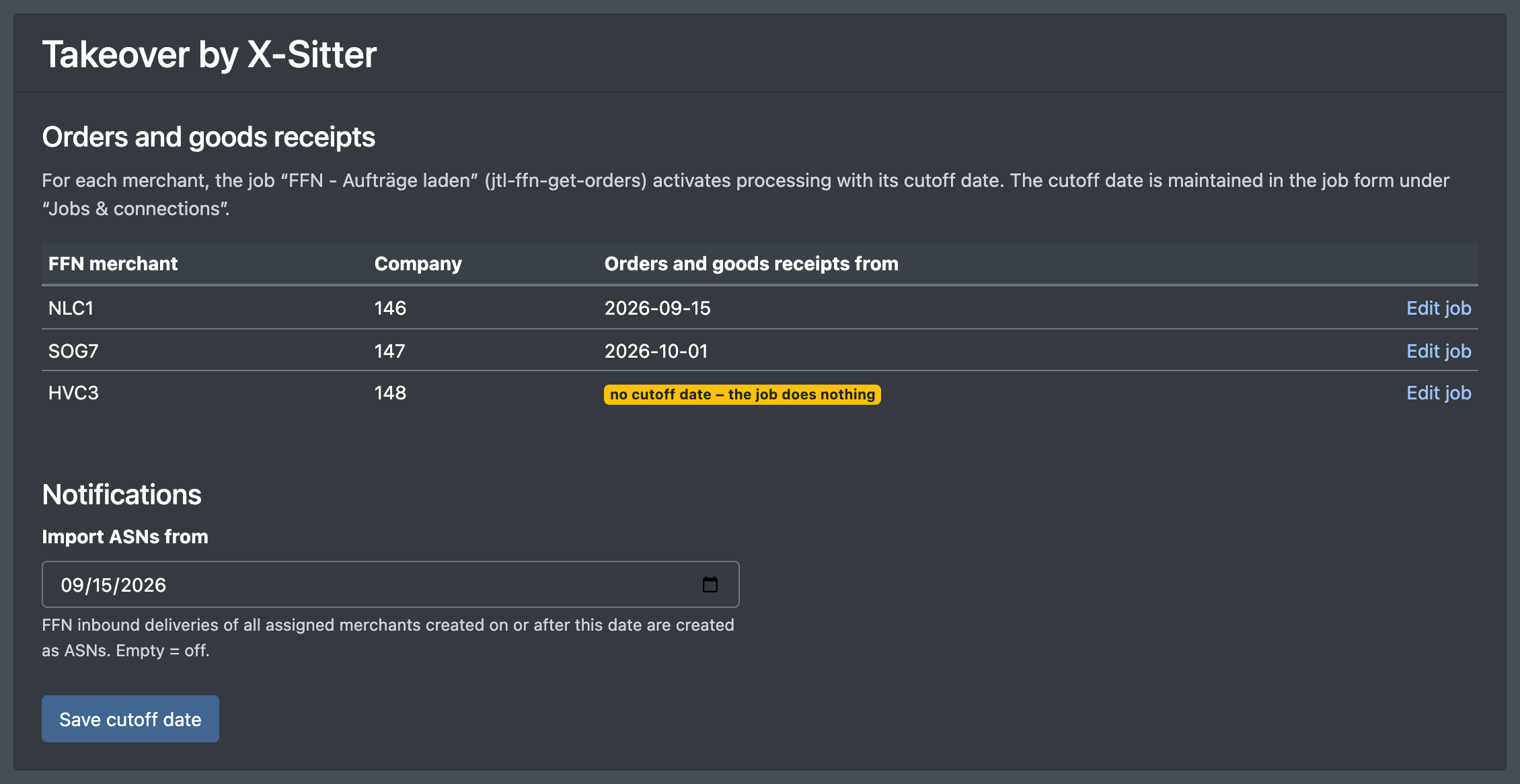 Screenshot: Card "Takeover by X-Sitter" with the merchant table, one merchant without cut-off date, and the "Import ASNs from" field
