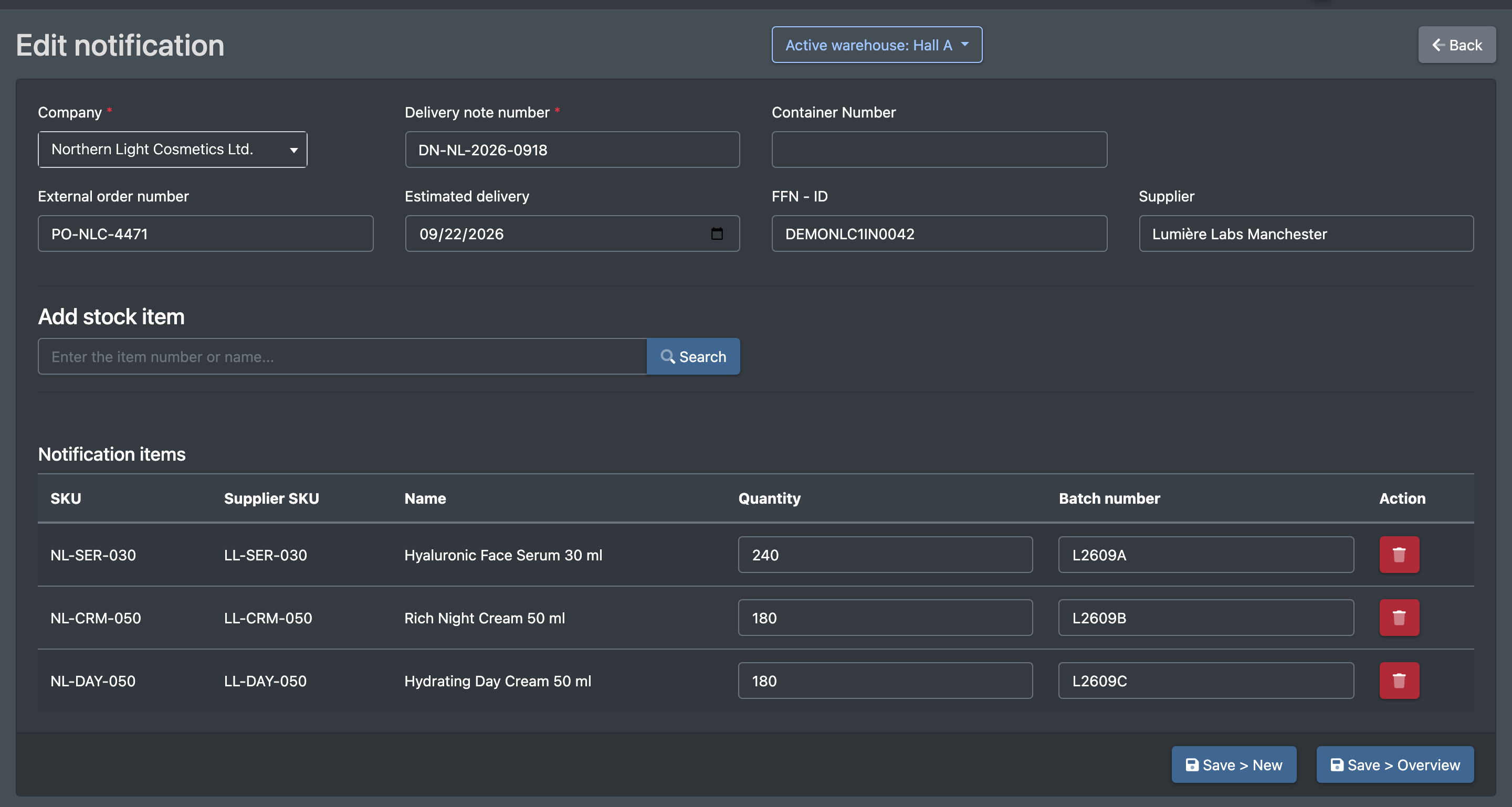 Screenshot: Advance notice from FFN with stored items and the closed status