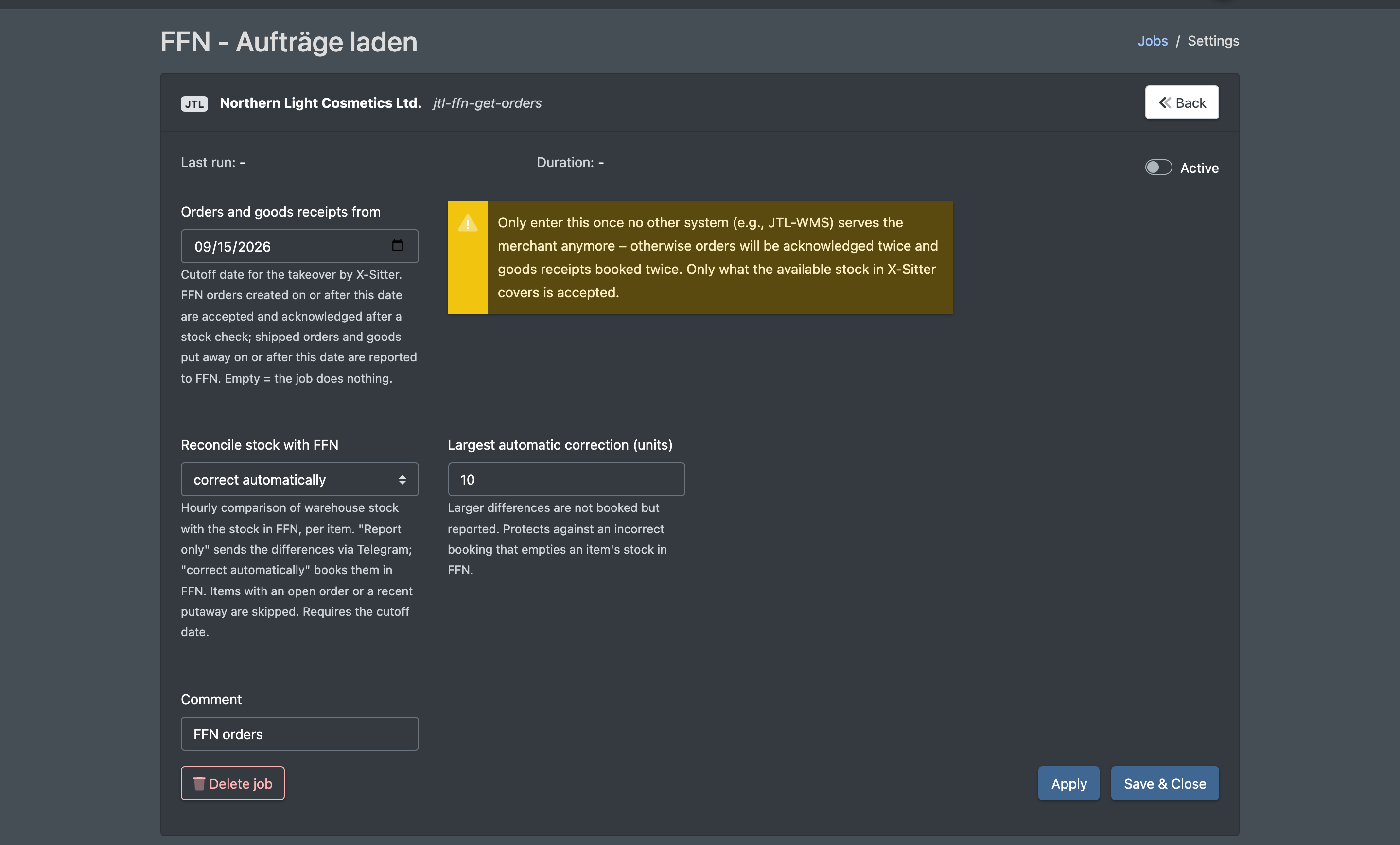 Screenshot: Job mask of "FFN - Aufträge laden" with the cut-off date, the warning about parallel operation and the stock reconciliation fields