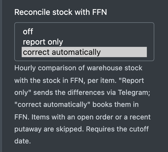 Screenshot: "Reconcile stock with FFN" dropdown opened with the options off, report only and correct automatically