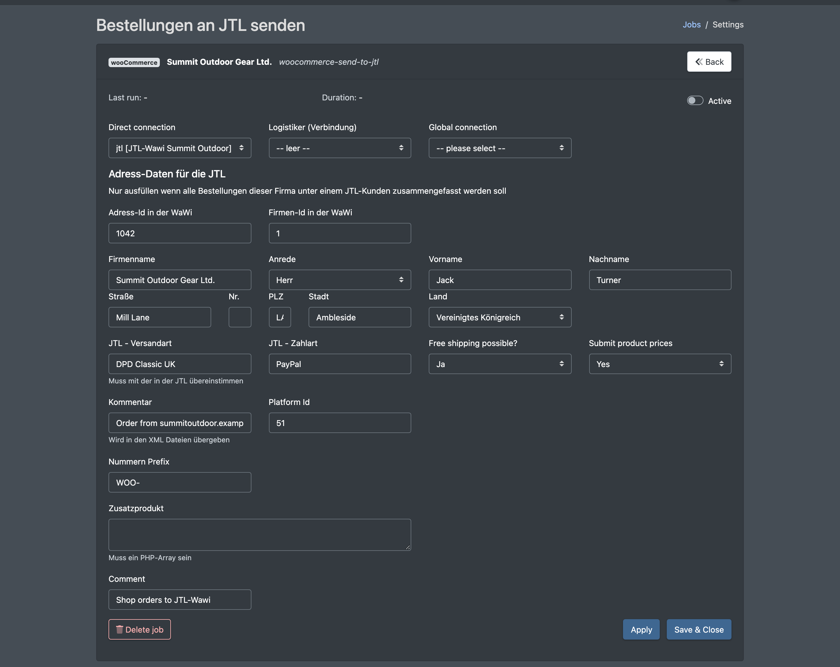 Screenshot: Job mask of a "send orders to JTL" job with the connection selection and the "JTL data" block