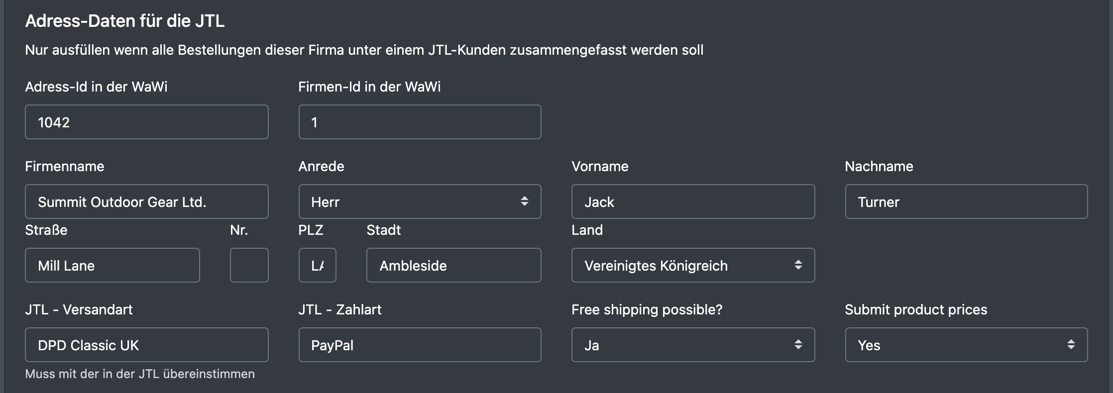 Screenshot: The "JTL data" block of a job with shipping method, payment method and the address data for one JTL customer