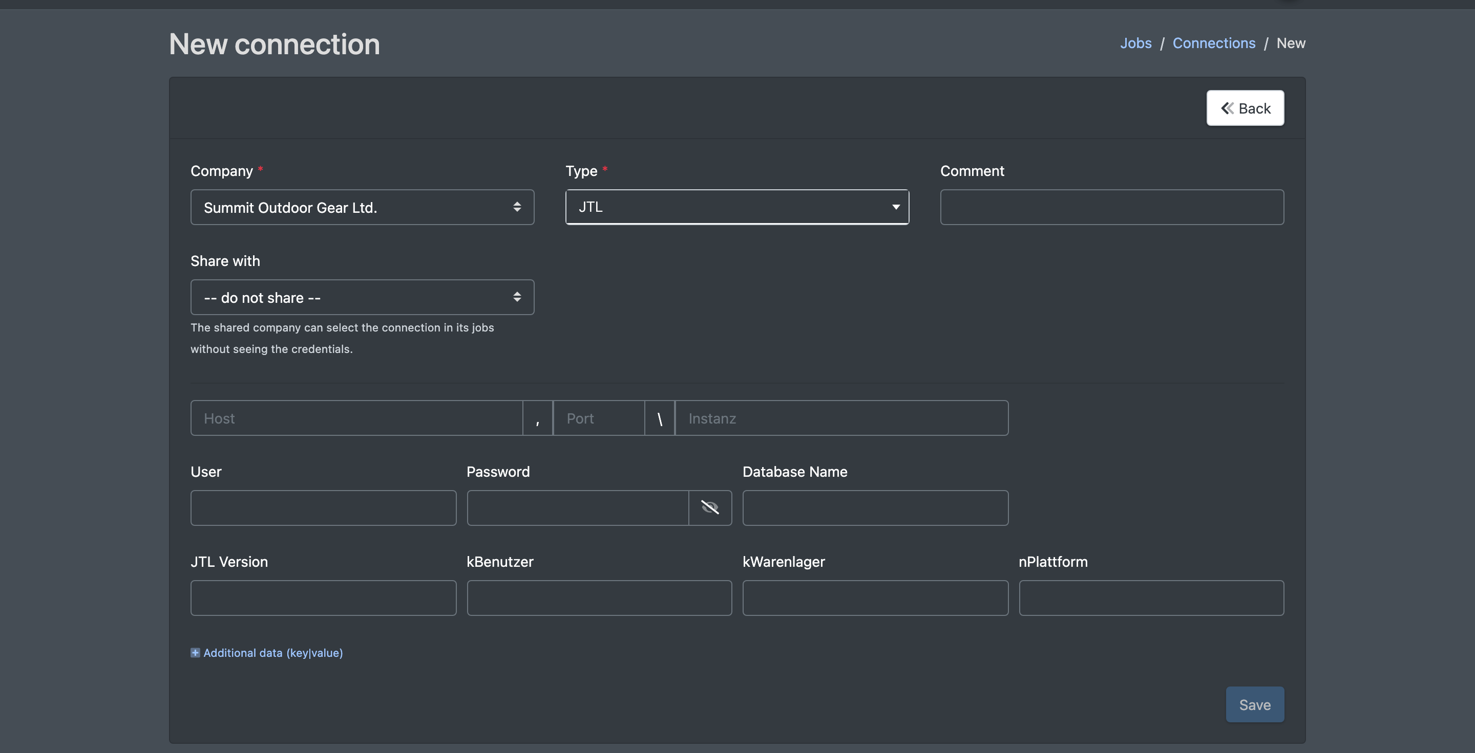 Screenshot: "New connection" form with type JTL selected and the SQL access fields host, port, instance, user, password, database name and JTL version