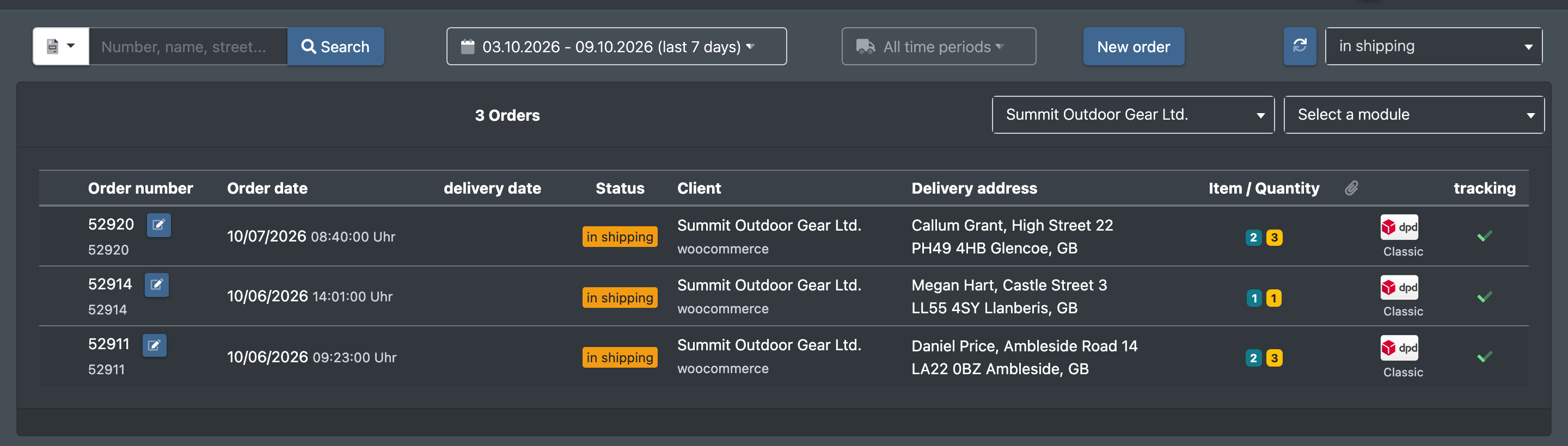 Screenshot: Order overview filtered on orders handed over to JTL, with status "in shipping" and a tracking number