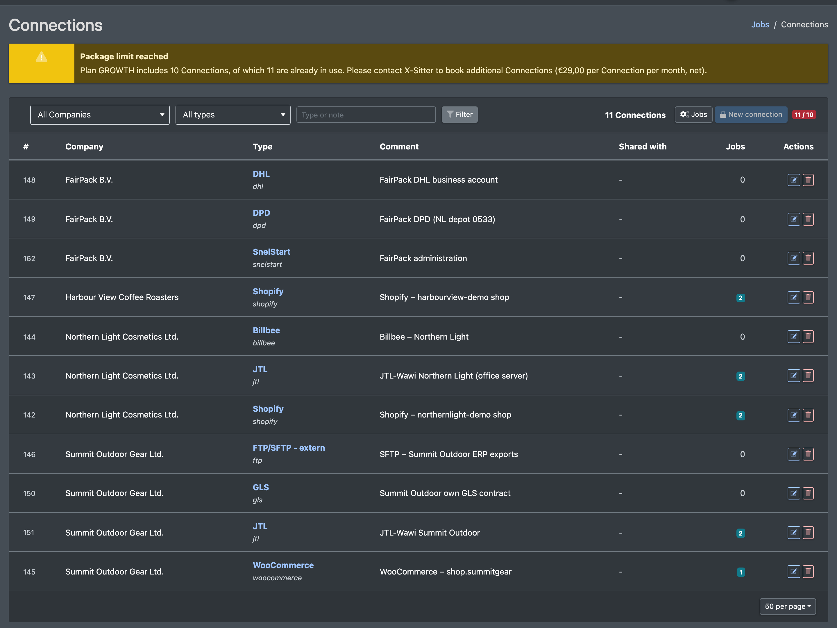 Screenshot: Administration › Jobs & connections, tab "Connections" with a connection of type JTL in the list