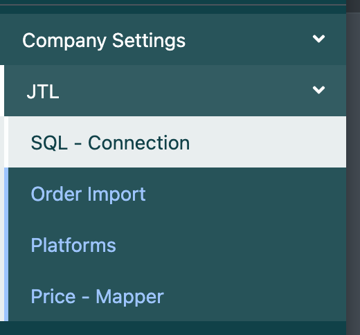Screenshot: Sidebar with Company Settings › JTL opened, showing SQL - Connection, Order Import, Platforms and Price - Mapper