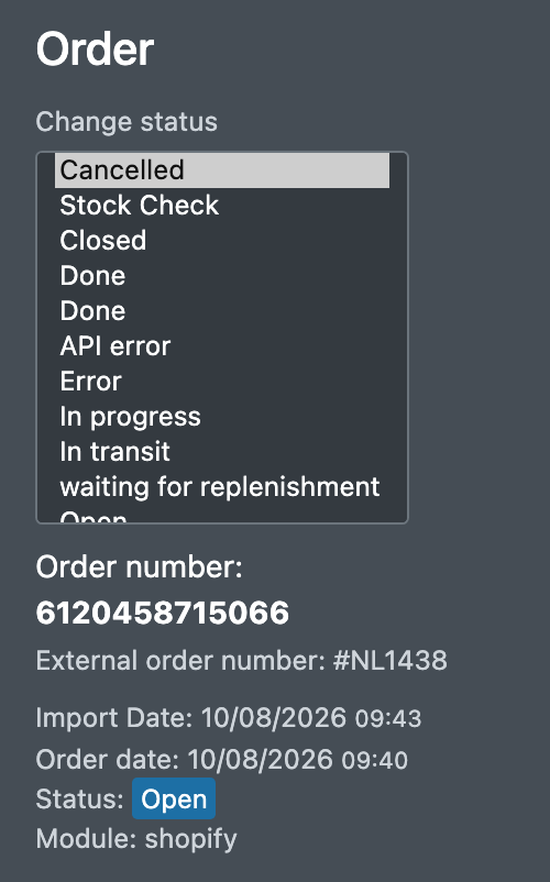Screenshot: Status dropdown with "Cancelled" selected