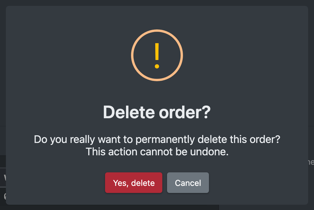 Screenshot: Confirmation dialog "Delete order?"