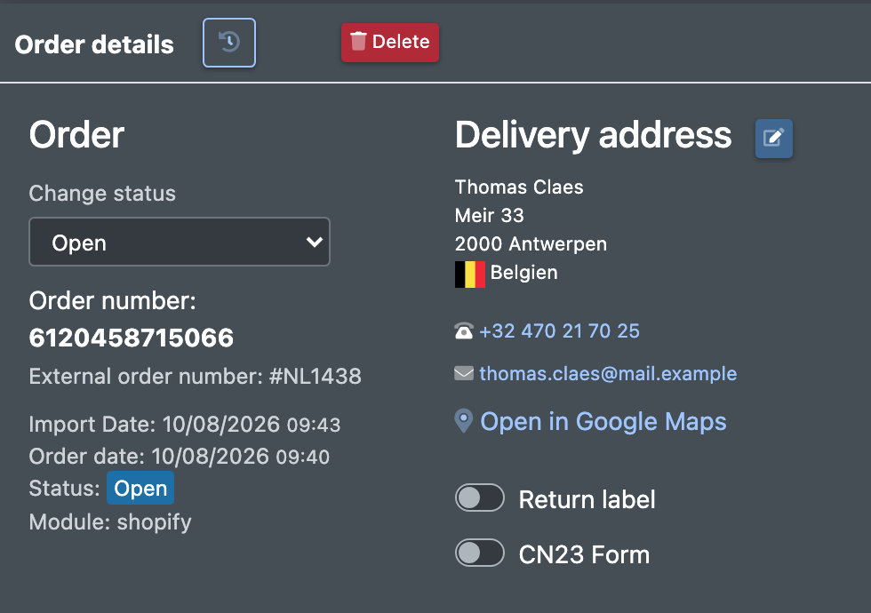 Screenshot: Order details with the "Delete" button in the header and the status dropdown