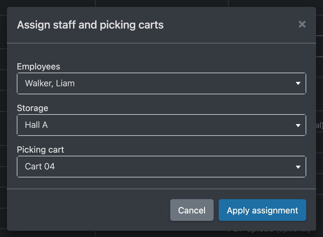 Screenshot: Dialog "Assign employees" with employee, warehouse and picking cart