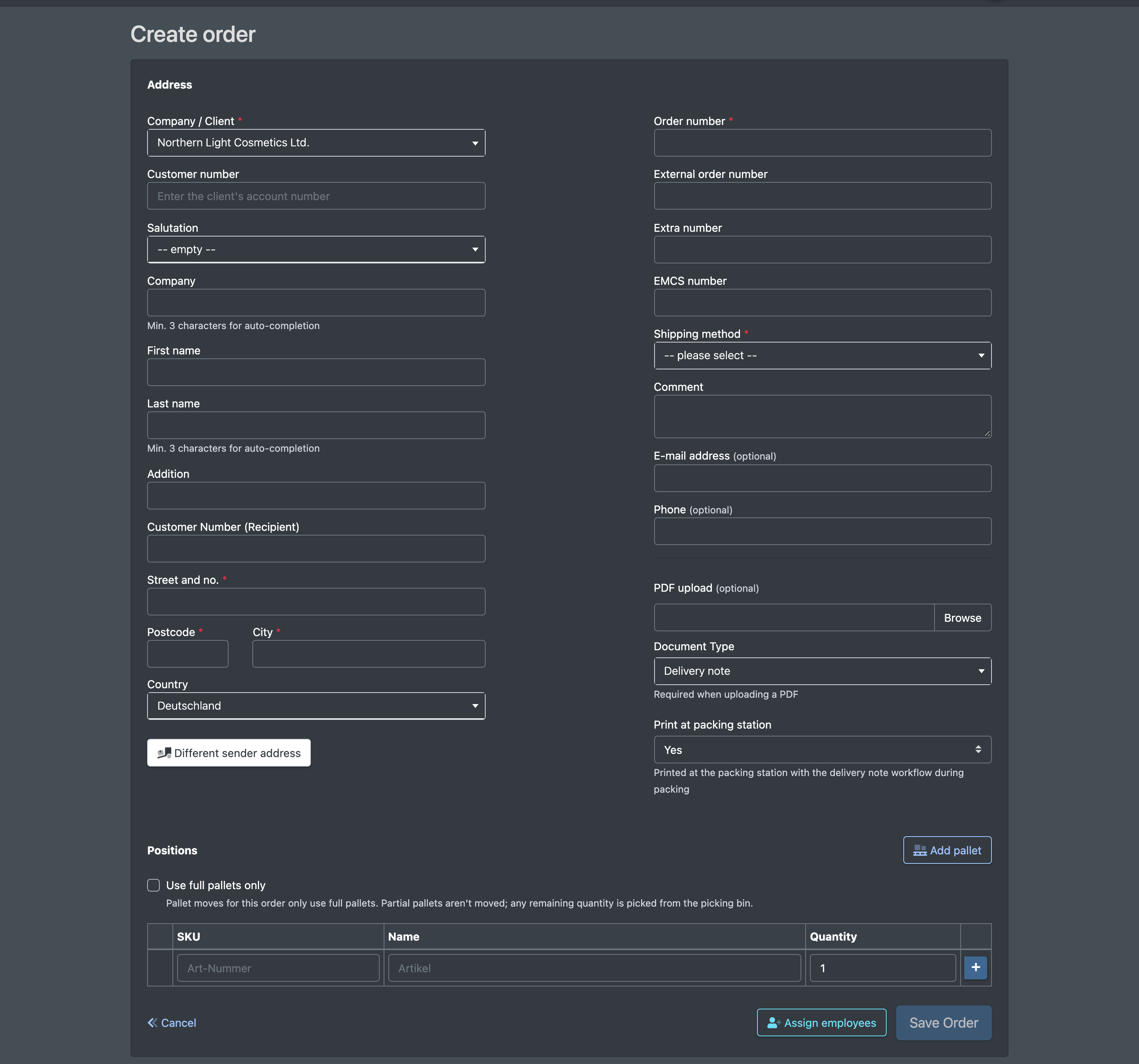 Screenshot: Empty "New order" form with address block, order data and positions