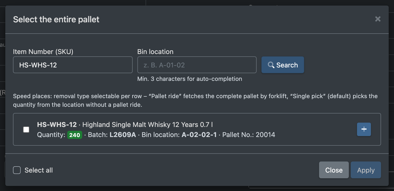 Screenshot: Pallet selection dialog listing available pallets per storage place