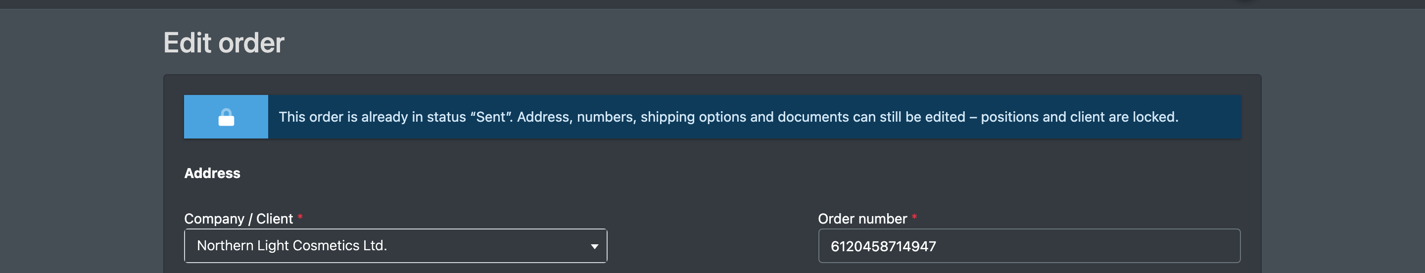 Screenshot: Order form in restricted mode with the hint that positions and client are locked