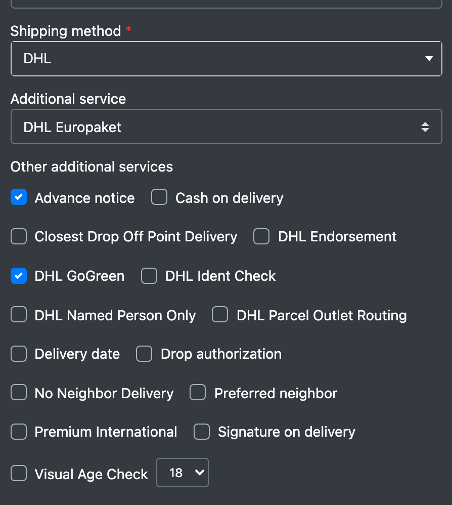 Screenshot: Shipping method dropdown with additional service and additional services shown