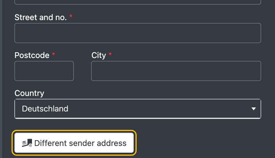 Screenshot: Order form with the "Different sender address" button next to the address block